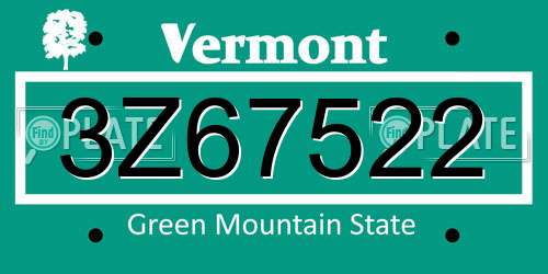 3Z67522 Vermont License Plate