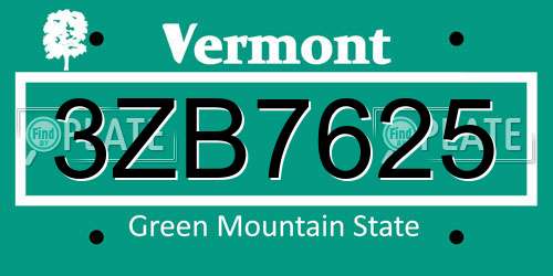 3ZB7625 Vermont License Plate