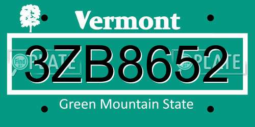 3ZB8652 Vermont License Plate