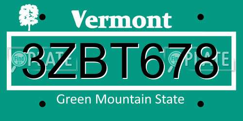 3ZBT678 Vermont License Plate
