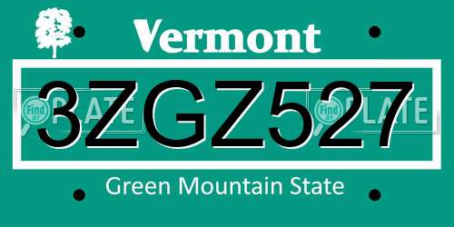 3ZGZ527 Vermont License Plate