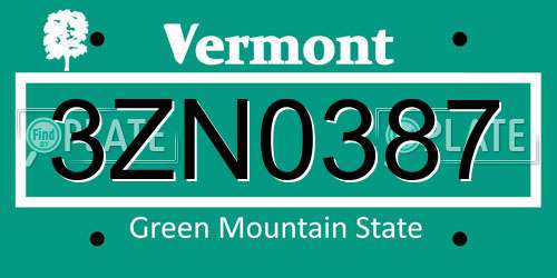 3ZN0387 Vermont License Plate