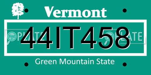 44IT458 Vermont License Plate