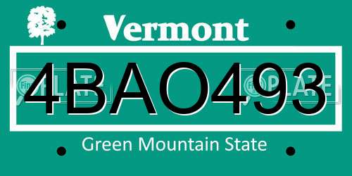 4BAO493 Vermont License Plate