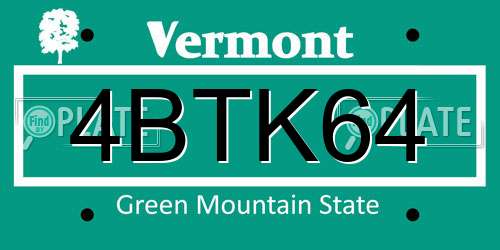 4BTK64 Vermont License Plate