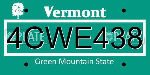 4CWE438 Vermont License Plate