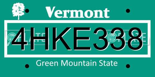 4HKE338 Vermont License Plate