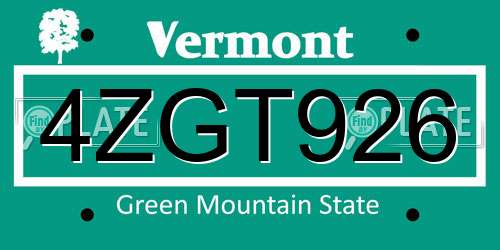 4ZGT926 Vermont License Plate