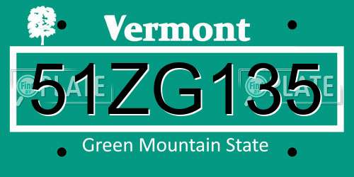 51ZG135 Vermont License Plate