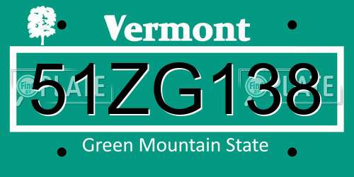 51ZG138 Vermont License Plate
