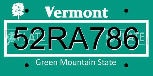 52RA786 Vermont License Plate