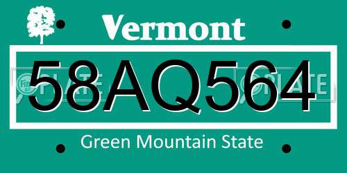 58AQ564 Vermont License Plate