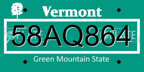 58AQ864 Vermont License Plate