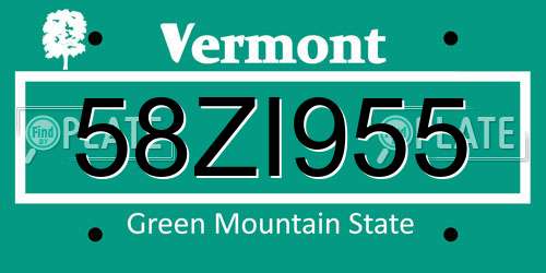 58ZI955 Vermont License Plate