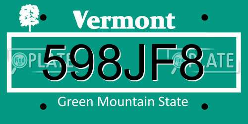 598JF8 Vermont License Plate