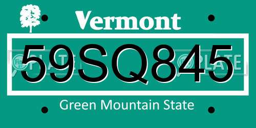 59SQ845 Vermont License Plate