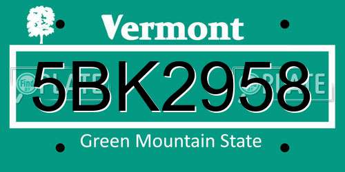 5BK2958 Vermont License Plate