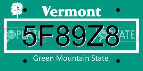 5F89Z8 Vermont License Plate