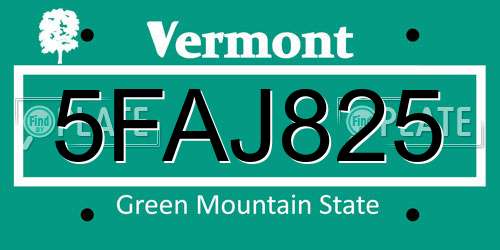 5FAJ825 Vermont License Plate