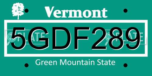 5GDF289 Vermont License Plate