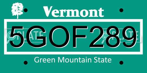 5GOF289 Vermont License Plate