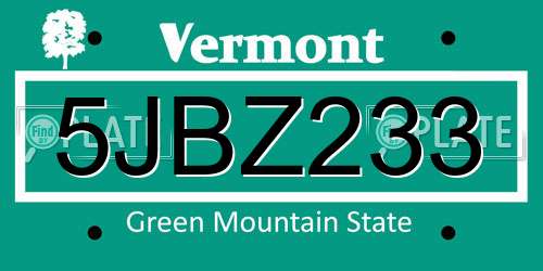5JBZ233 Vermont License Plate