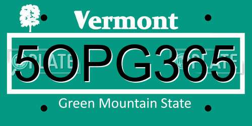 5OPG365 Vermont License Plate