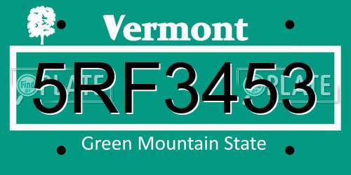 5RF3453 Vermont License Plate