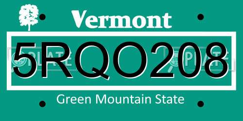 5RQO208 Vermont License Plate
