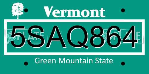 5SAQ864 Vermont License Plate