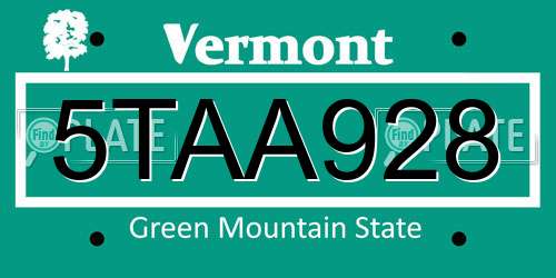 5TAA928 Vermont License Plate