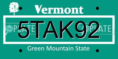 5TAK92 Vermont License Plate