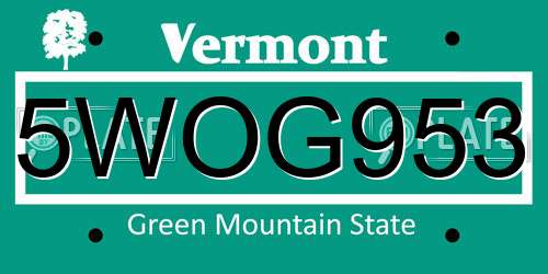 5WOG953 Vermont License Plate