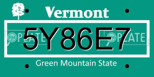 5Y86E7 Vermont License Plate