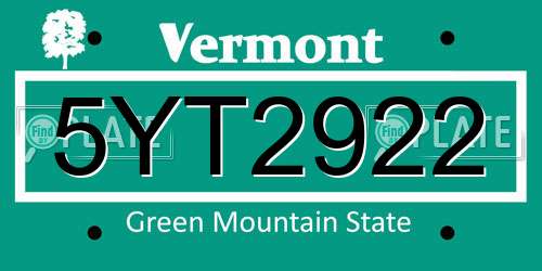 5YT2922 Vermont License Plate