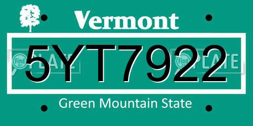 5YT7922 Vermont License Plate