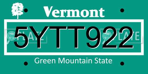 5YTT922 Vermont License Plate