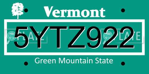 5YTZ922 Vermont License Plate