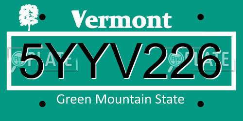 5YYV226 Vermont License Plate