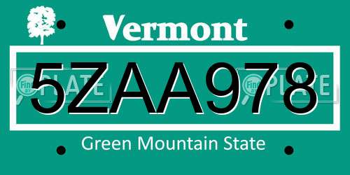 5ZAA978 Vermont License Plate