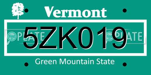 5ZK019 Vermont License Plate