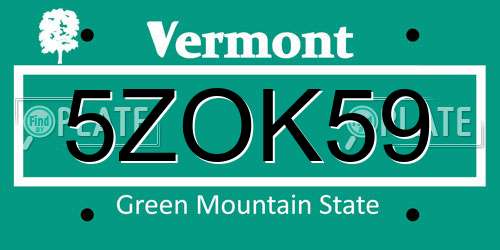 5ZOK59 Vermont License Plate