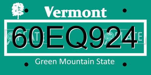 60EQ924 Vermont License Plate