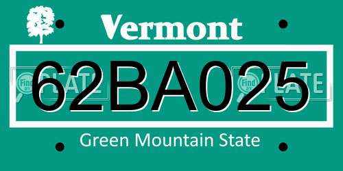62BA025 Vermont License Plate