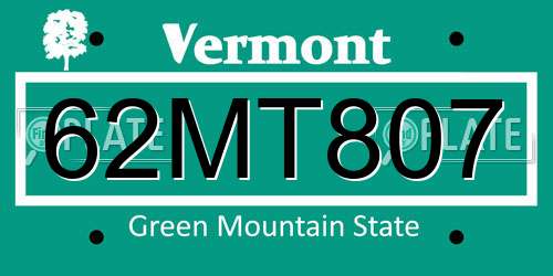 62MT807 Vermont License Plate