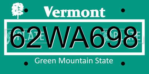 62WA698 Vermont License Plate
