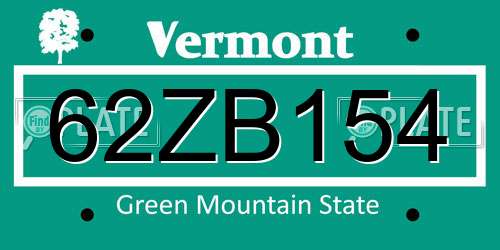 62ZB154 Vermont License Plate