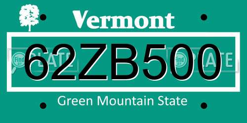 62ZB500 Vermont License Plate