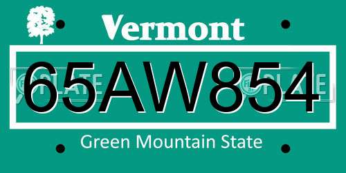 65AW854 Vermont License Plate