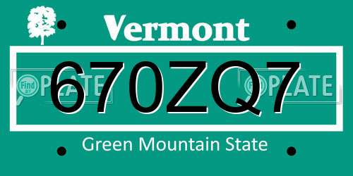 670ZQ7 Vermont License Plate